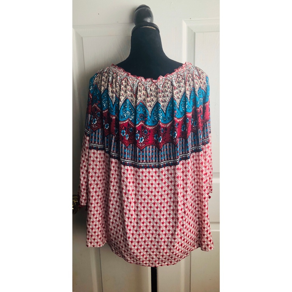 Umgee pink boho off the shoulder tie front top - Picture 6 of 9
